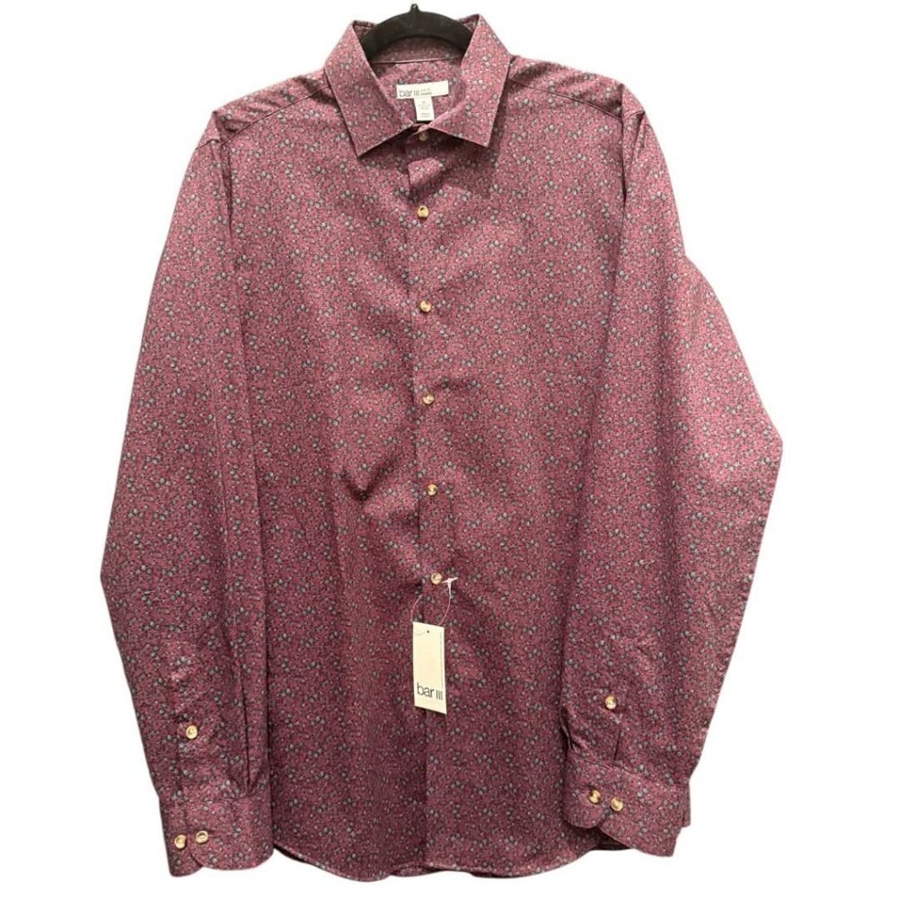 Bar III Slim Fit Stretch Burgundy/Teal Floral Print Button Shirt Mens